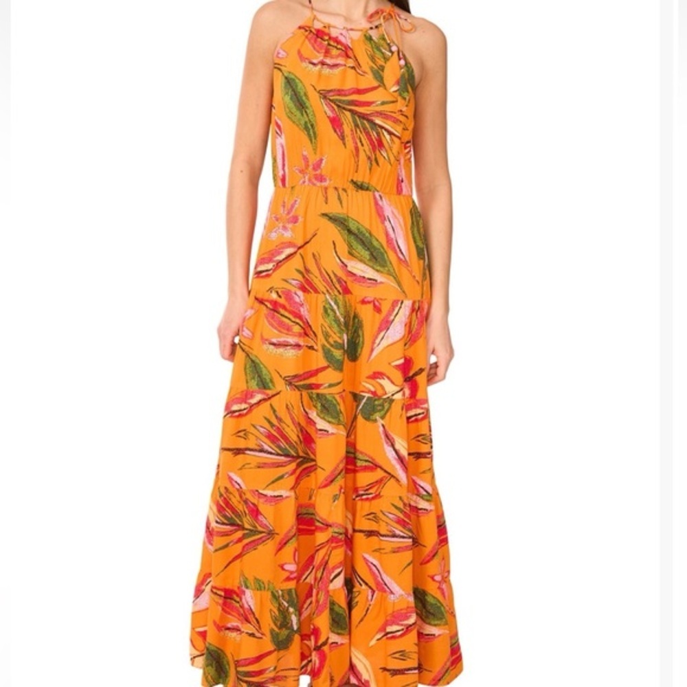 NWT Vince Camuto Tiered High Neck Tropical Leaf Print Maxi Dress Small - Picture 5 of 9